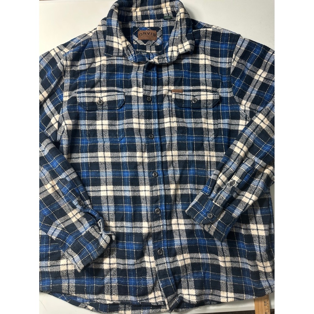 Orvis Mens XL Blue Plaid Flannel Button Down Shirt 100% Cotton Long Sleeve